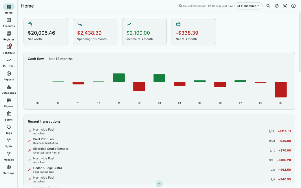 AceMoney Studio’s Home screen: net worth, spending and income this month, a 12-month cash flow chart and the latest transactions. Sample data.
