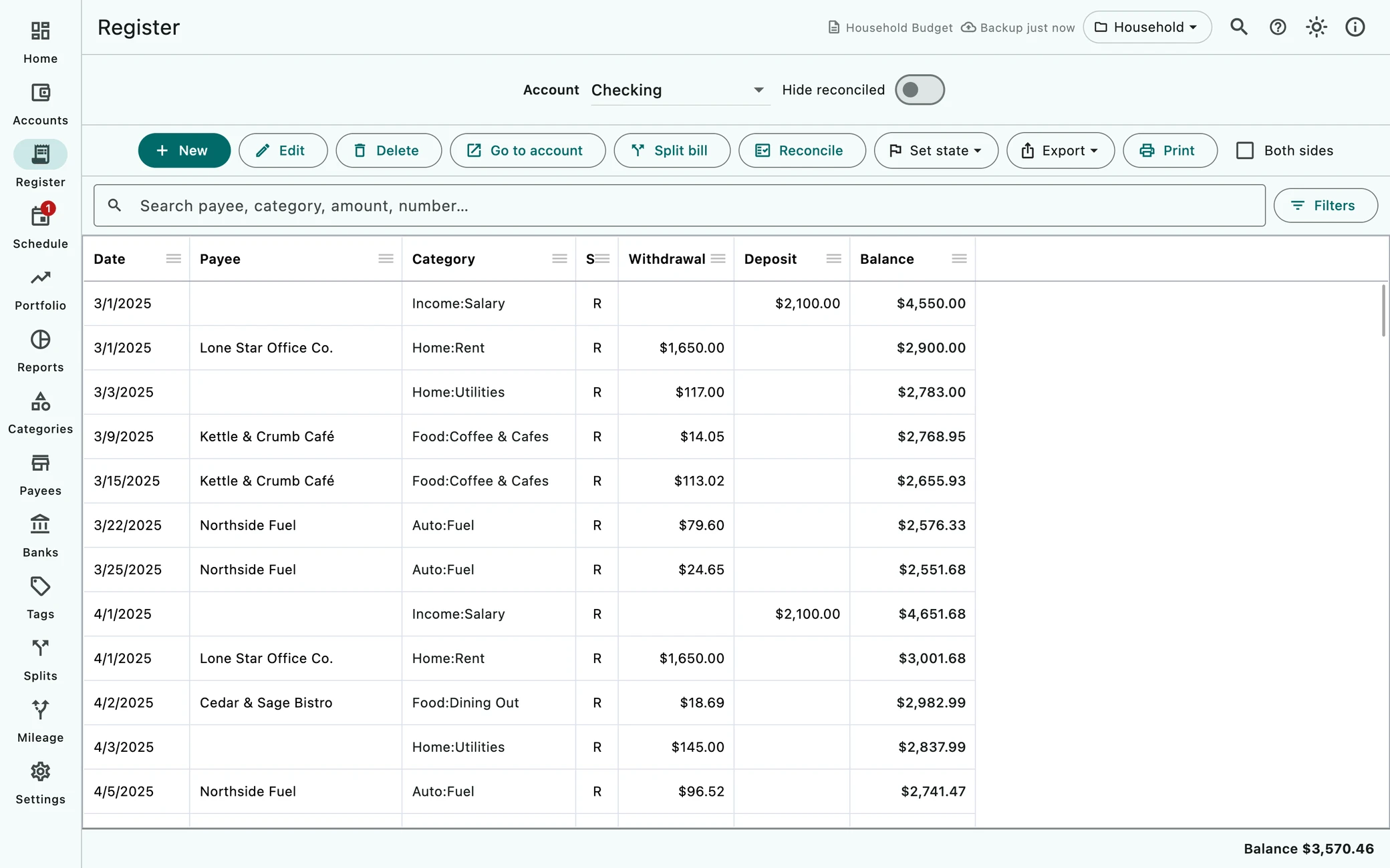 AceMoney Studio's register: a checking account's transactions in a table, with New, Edit, Delete and Reconcile buttons above it. Sample data.